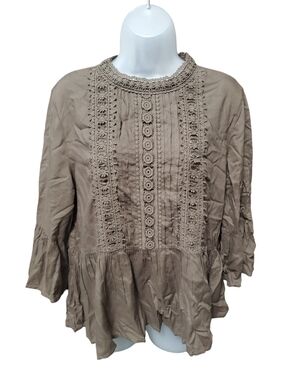 Kensie Jeans Taupe Crochet-Front Peasant Tunic